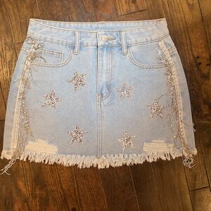SHEIN Light Blue Denim Mini Skirt with Silver Star Embellishments